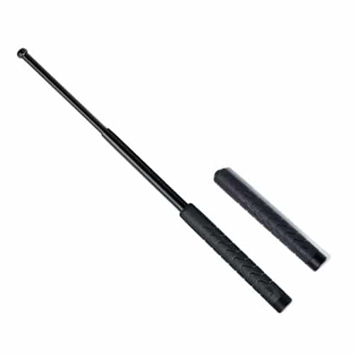 Expandable baton with a rubber grip, showcasing its compact design and reliable performance for tactical use.